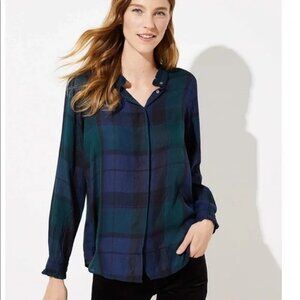 LOFT | Plaid Tartan Ruffle Button Down Long Sleeve Blouse | Blue/Green | XL